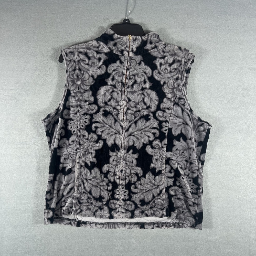 Charter Club Women's XL Quilted‎ Velour Vest Full Zip Damask Black Gray Regular